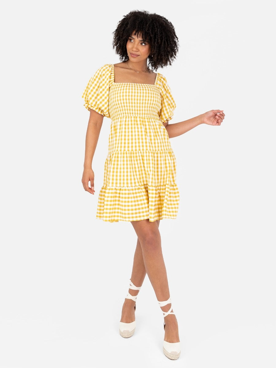 Lovedrobe Yellow Gingham Milkmaid Puff Sleeve Mini Dress