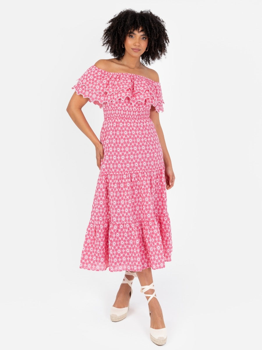 Floral Embroidery Bardot Neck Pink Midi Dress