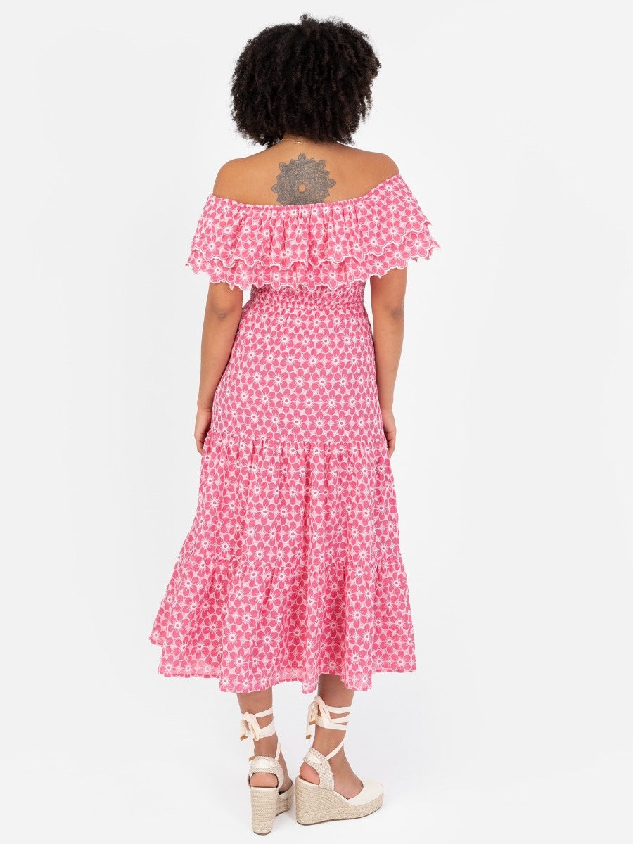Floral Embroidery Bardot Neck Pink Midi Dress