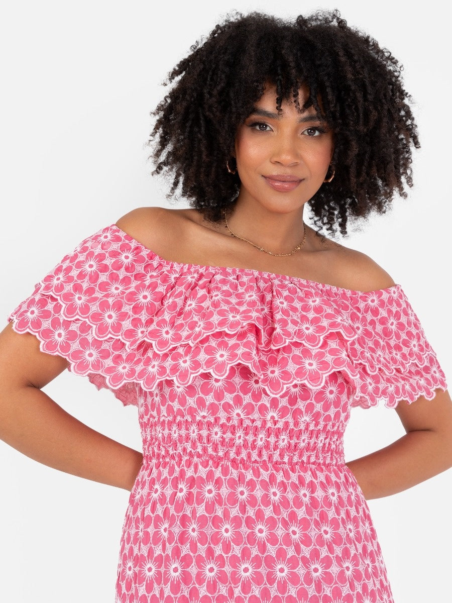 Floral Embroidery Bardot Neck Pink Midi Dress