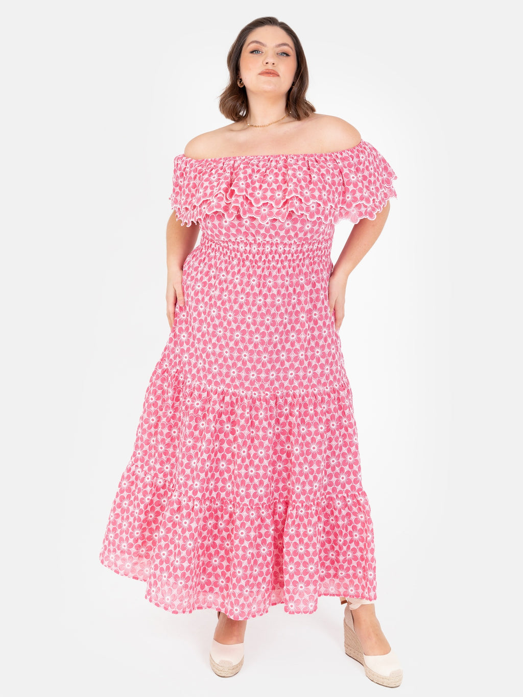 Floral Embroidery Bardot Neck Pink Midi Dress