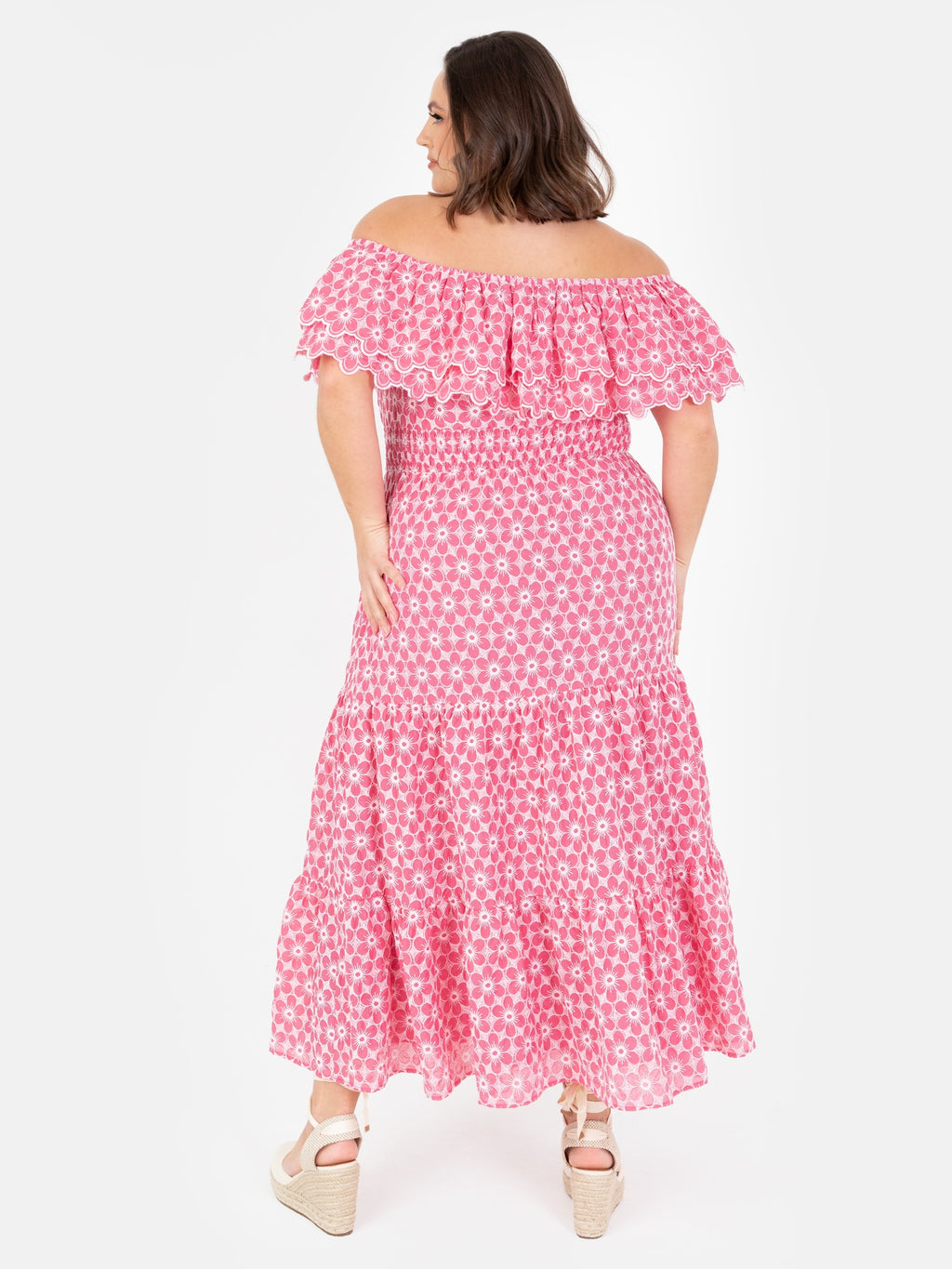 Floral Embroidery Bardot Neck Pink Midi Dress