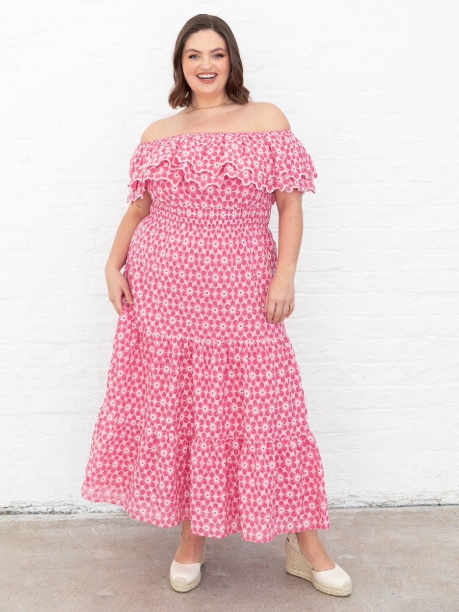Floral Embroidery Bardot Neck Pink Midi Dress