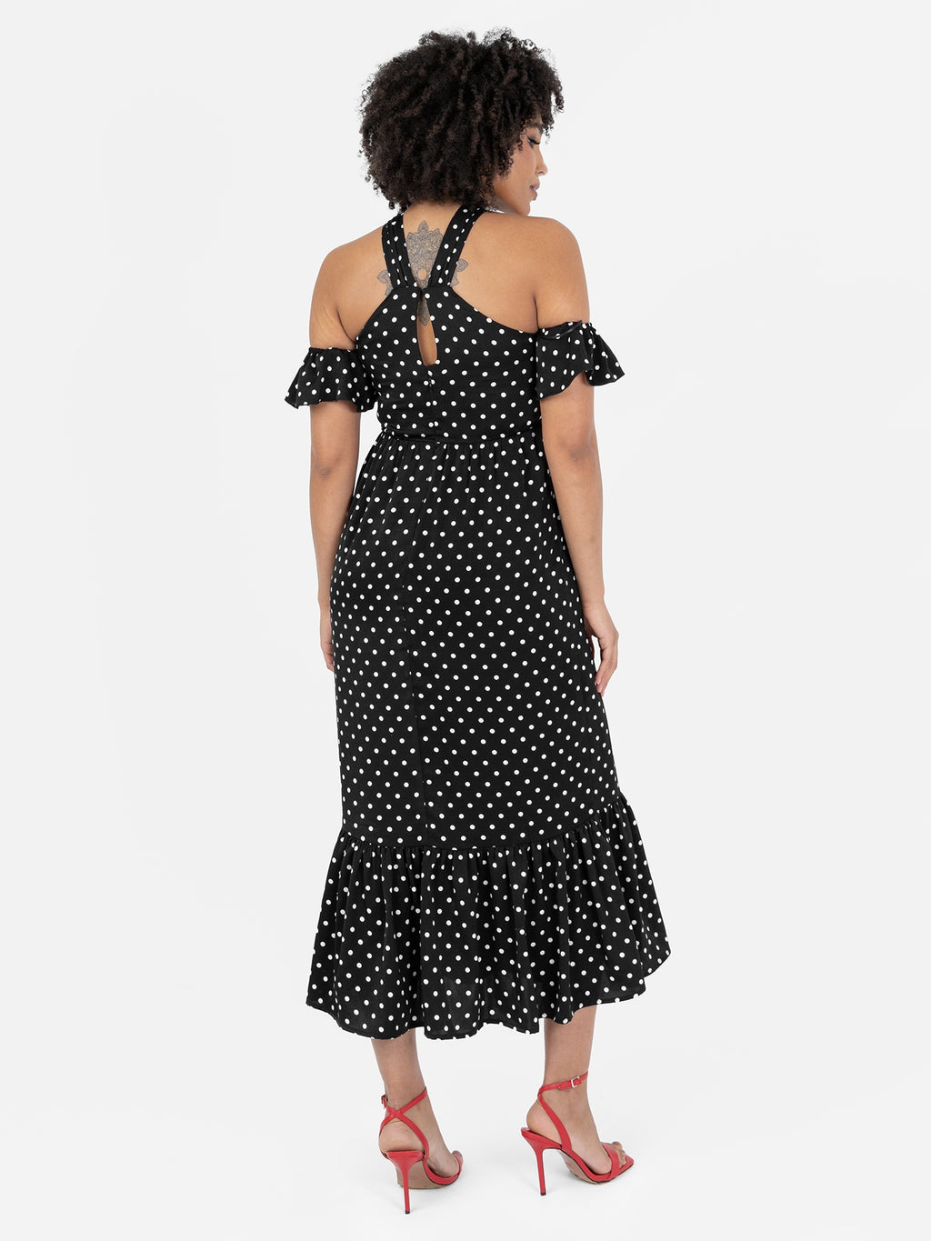 Lovedrobe Black Polka Dot Cold Shoulder Halter Neck Midaxi Dress