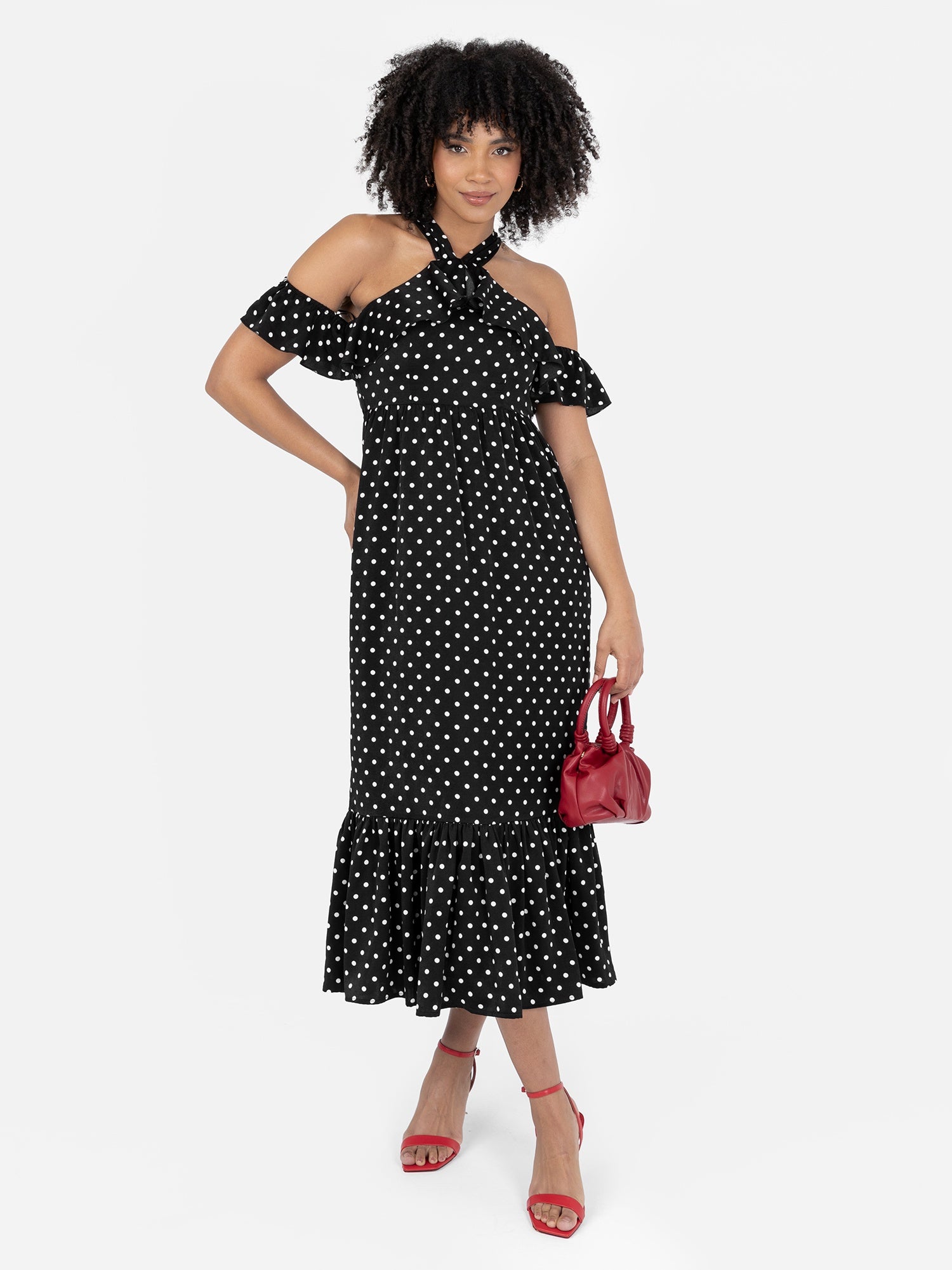 Lovedrobe Black Polka Dot Cold Shoulder Halter Neck Midaxi Dress