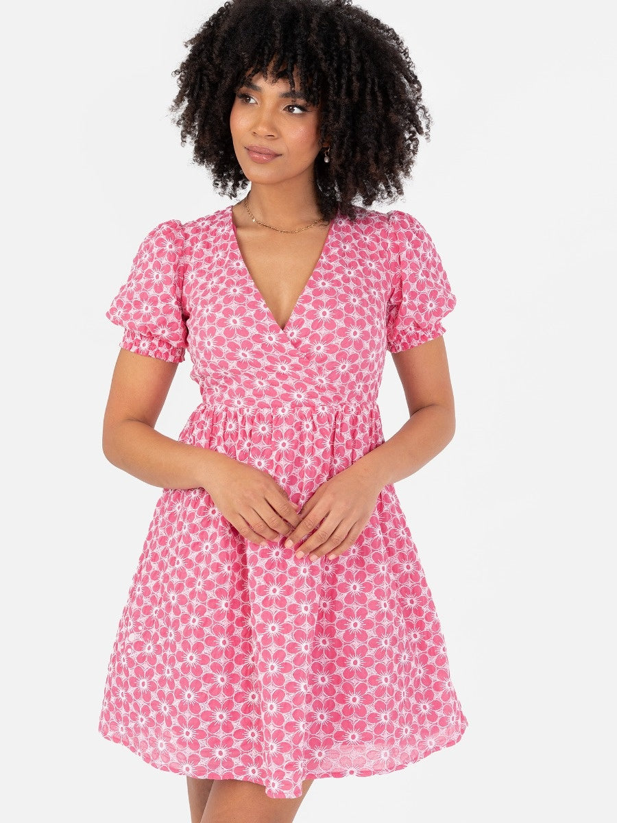 Lovedrobe Pink Floral Embroidered Short Sleeve Faux Wrap Mini Dress
