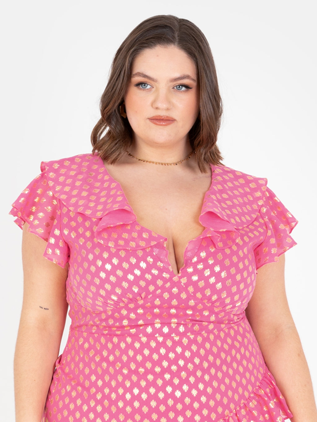 Lovedrobe Pink Flutter Sleeve V Neck Ruffled Midaxi Dress with Gold Detail