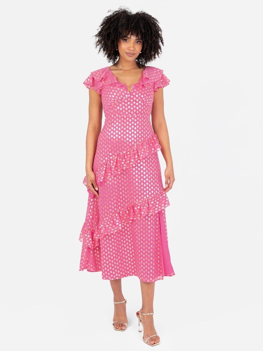 Lovedrobe Pink Flutter Sleeve V Neck Ruffled Midaxi Dress with Gold Detail