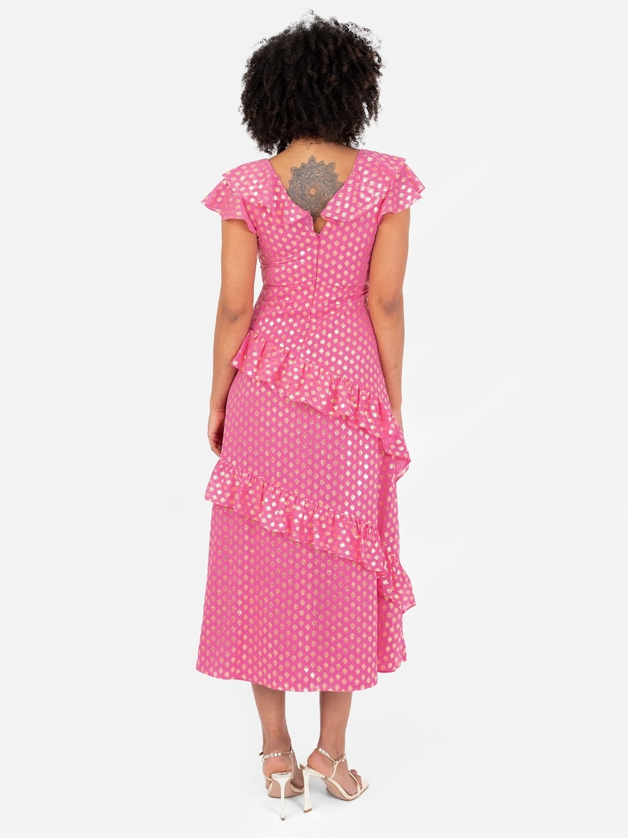 Lovedrobe Pink Flutter Sleeve V Neck Ruffled Midaxi Dress with Gold Detail