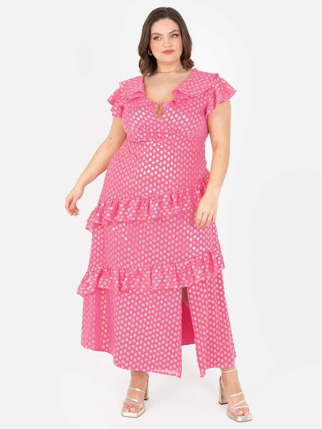 Lovedrobe Pink Flutter Sleeve V Neck Ruffled Midaxi Dress with Gold Detail
