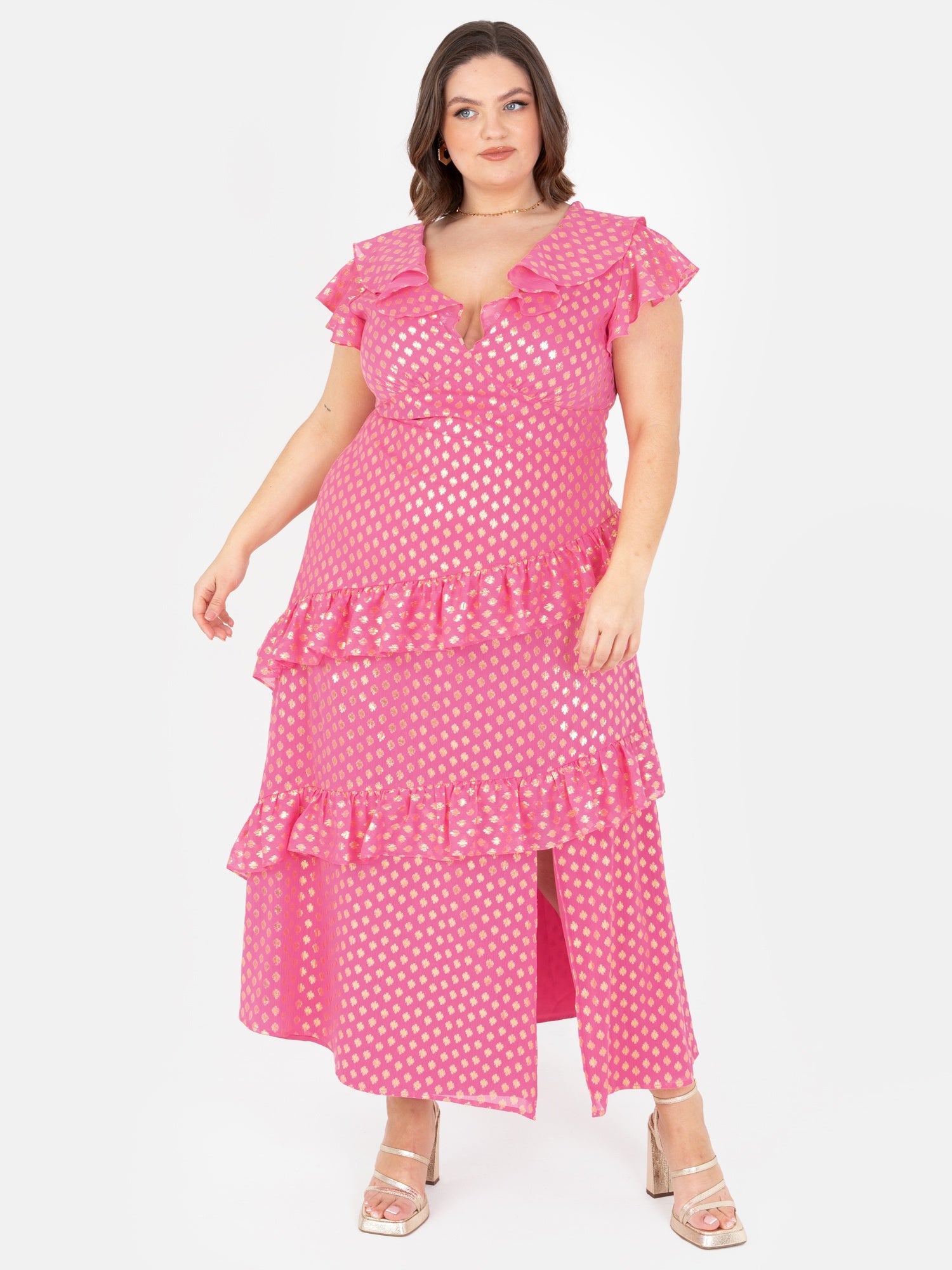 Lovedrobe Pink Flutter Sleeve V Neck Ruffled Midaxi Dress with Gold Detail