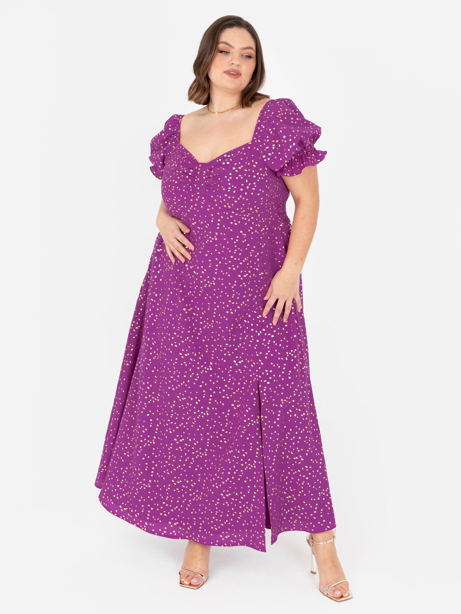 Lovedrobe Purple Short Sleeve Gold Detail Midaxi Dress