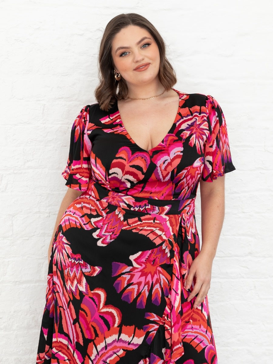 Lovedrobe Floral Angel Sleeve Waterfall Ruffle Midaxi Dress