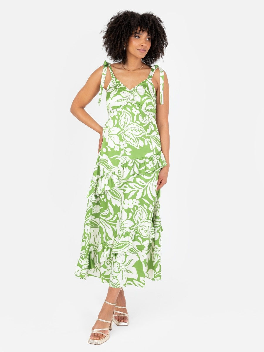 Lovedrobe Floral Tie Shoulder & Ruffle Detail Midaxi Dress