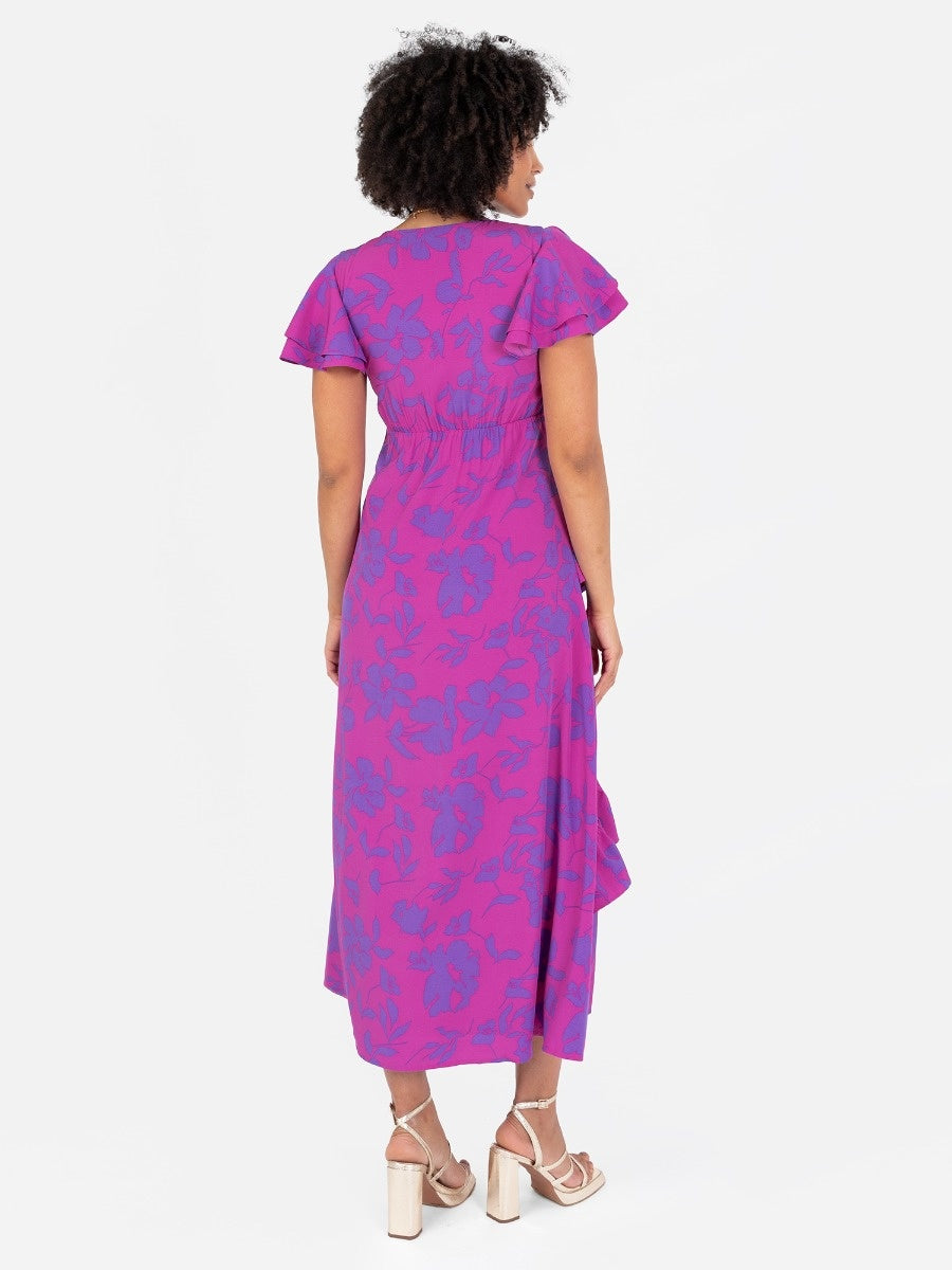 Lovedrobe Purple Floral V Neck Flutter Sleeve Midaxi Dress