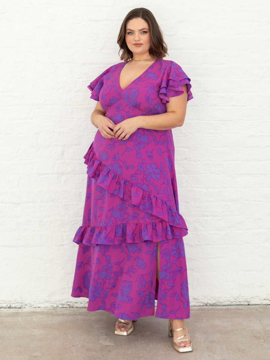 Lovedrobe Purple Floral V Neck Flutter Sleeve Midaxi Dress