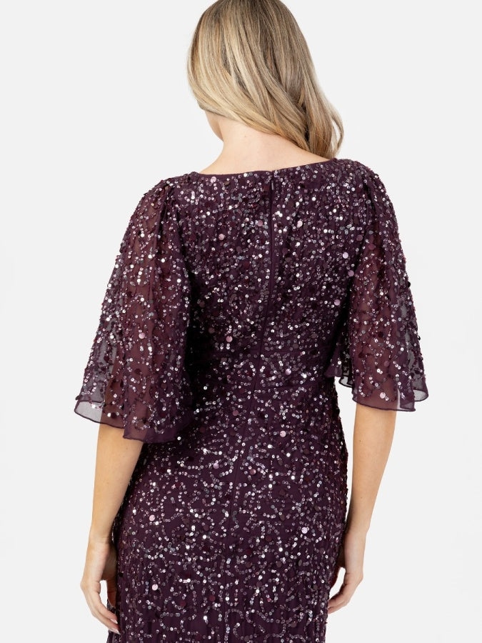 Maya Berry Embellished Angel Sleeve Maxi Dress with Button Detail