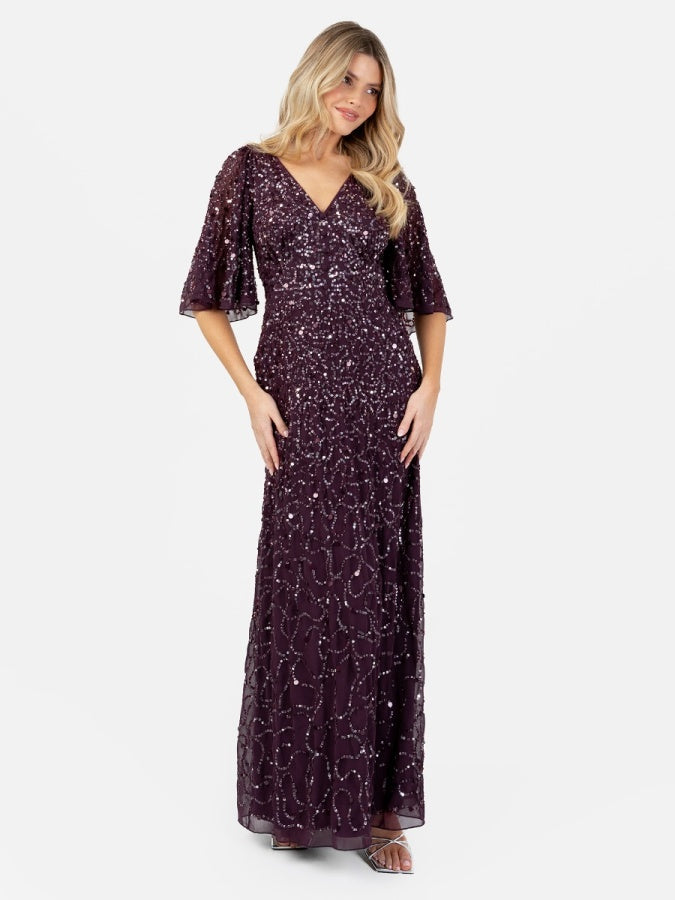 Maya Berry Embellished Angel Sleeve Maxi Dress with Button Detail