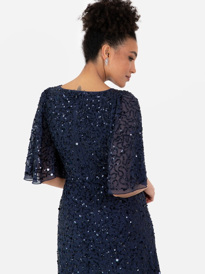 Maya Navy Fully Embellished Angel Sleeve Maxi Dress