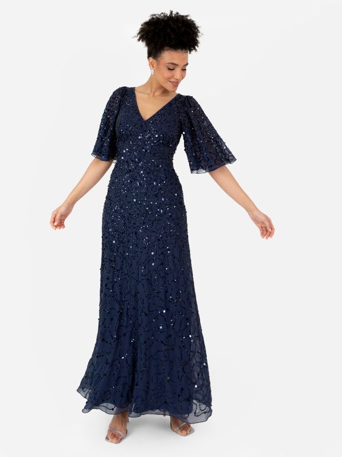 Maya Navy Fully Embellished Angel Sleeve Maxi Dress