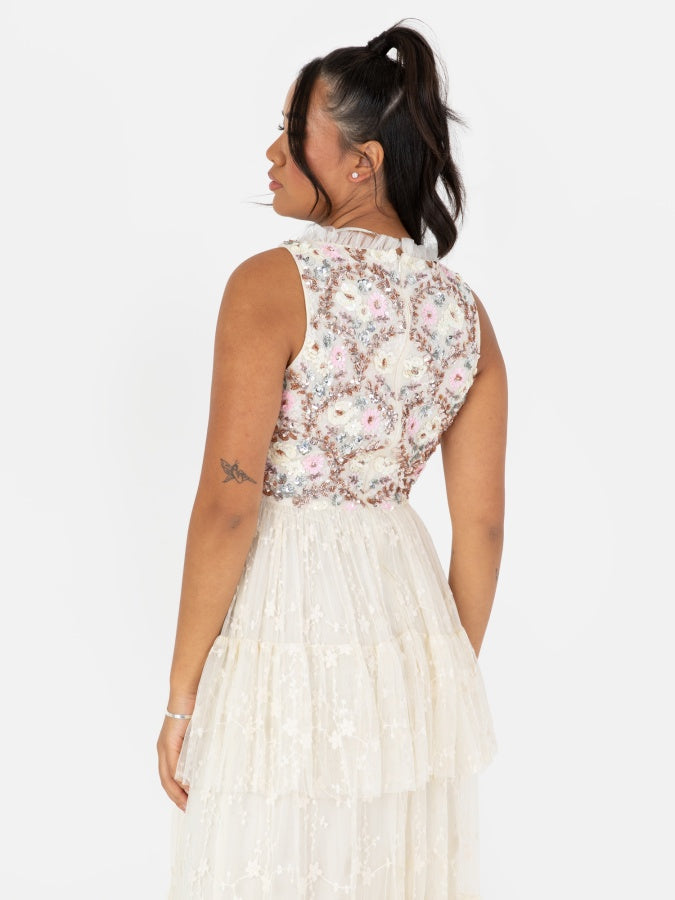 Maya Floral Embellished Tiered Maxi Dress with Embroidered Tulle Detail