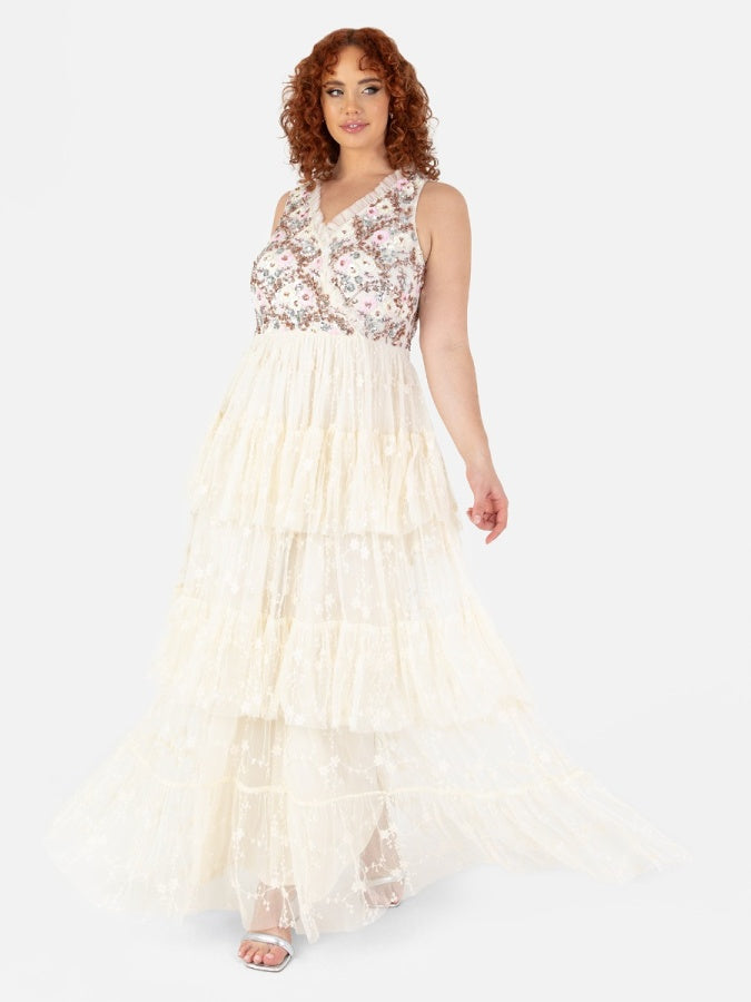 Maya Floral Embellished Tiered Maxi Dress with Embroidered Tulle Detail