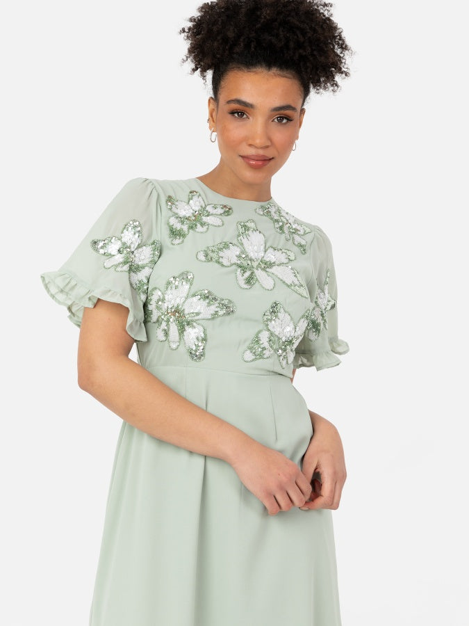 Maya Sage Green Floral Embellished Angel Sleeve Chiffon Maxi Dress