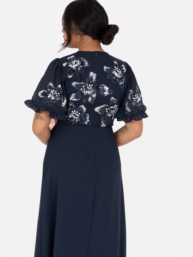 Maya Navy Floral Embellished Angel Sleeve Chiffon Maxi Dress