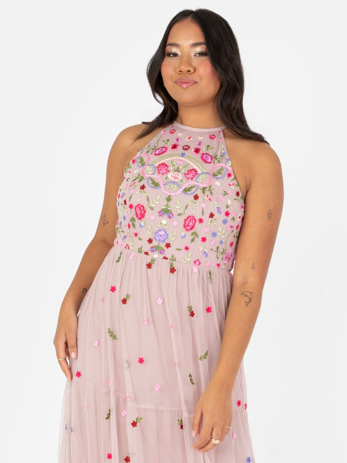 Maya Frosted Pink Halter Neck Embroidered Tiered Maxi Dress