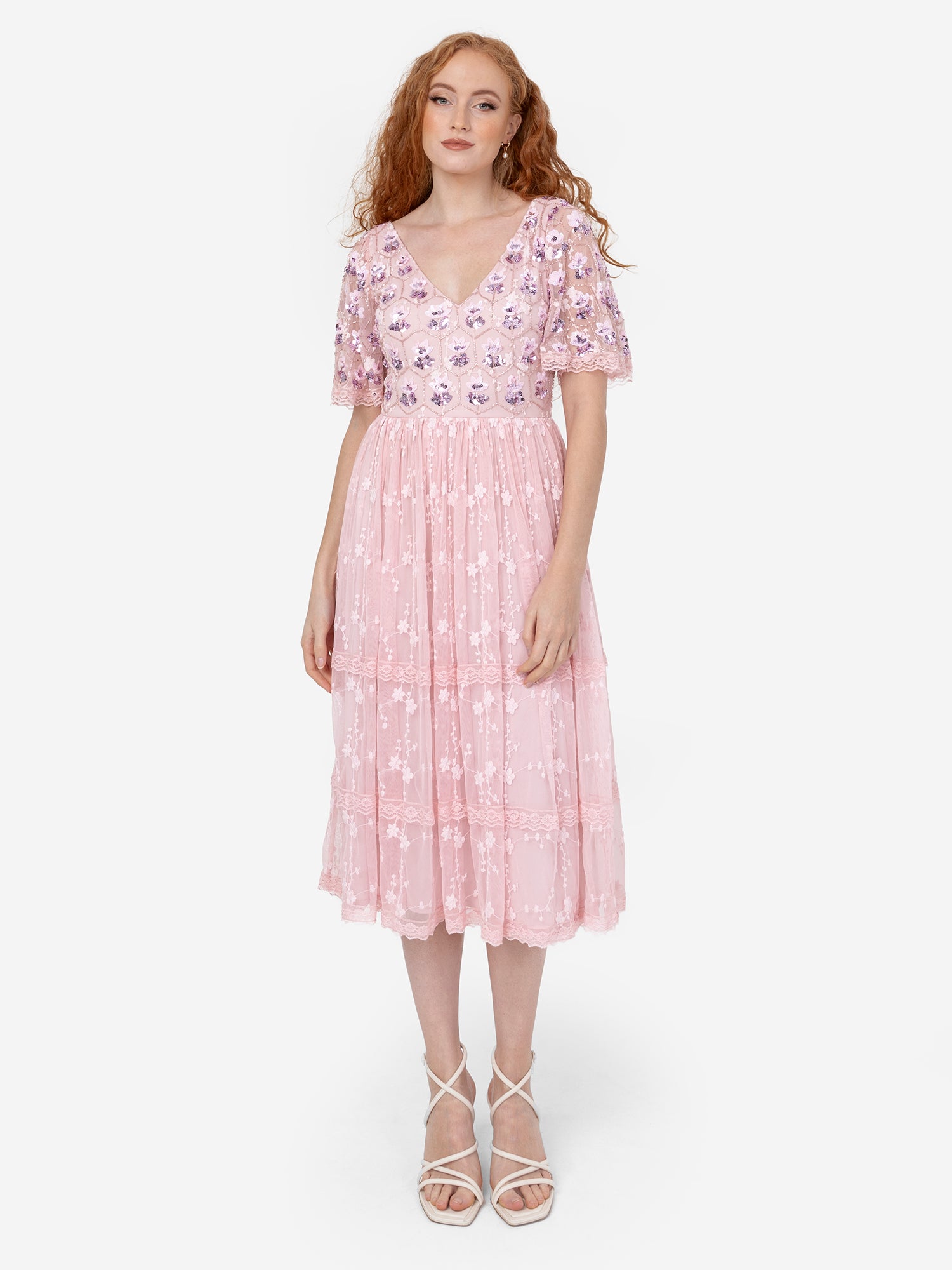 Maya Pink Floral Embellished Motif & Embroidery Midi Dress