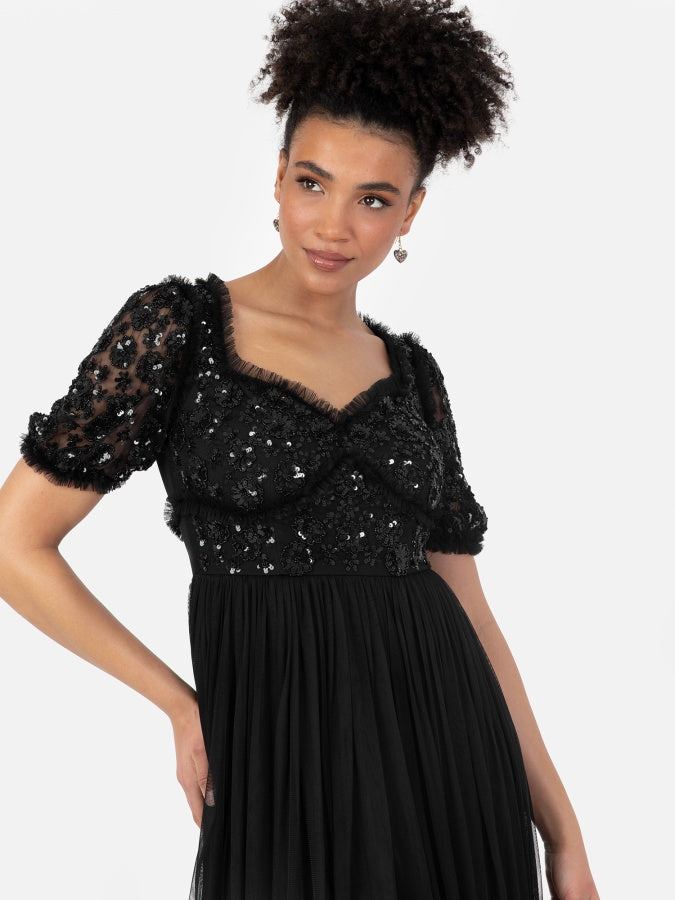Maya Black Floral Embellished Sweetheart Neck Midi Dress