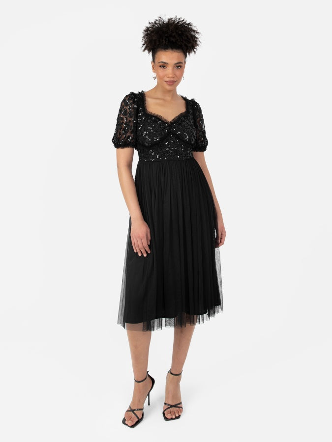 Maya Black Floral Embellished Sweetheart Neck Midi Dress