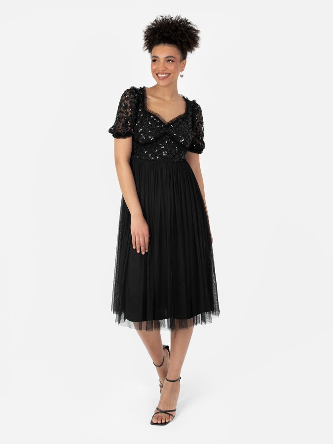 Maya Black Floral Embellished Sweetheart Neck Midi Dress