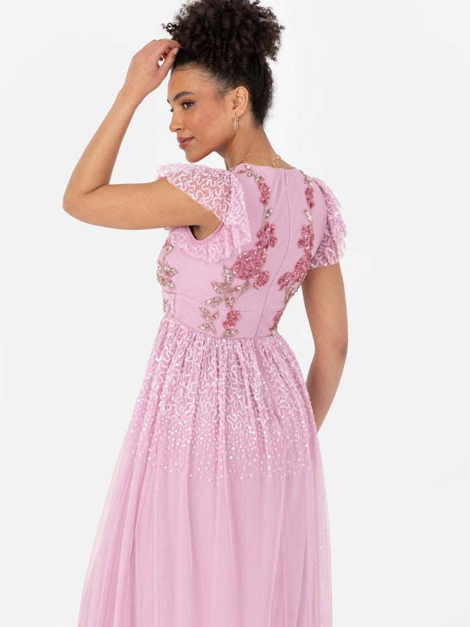 Maya Pink Rose Embellished Flutter Sleeve Maxi Dress