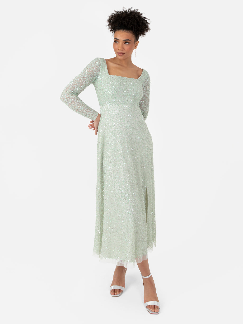 Maya Sage Green Embellished Square Neck Midaxi Dress