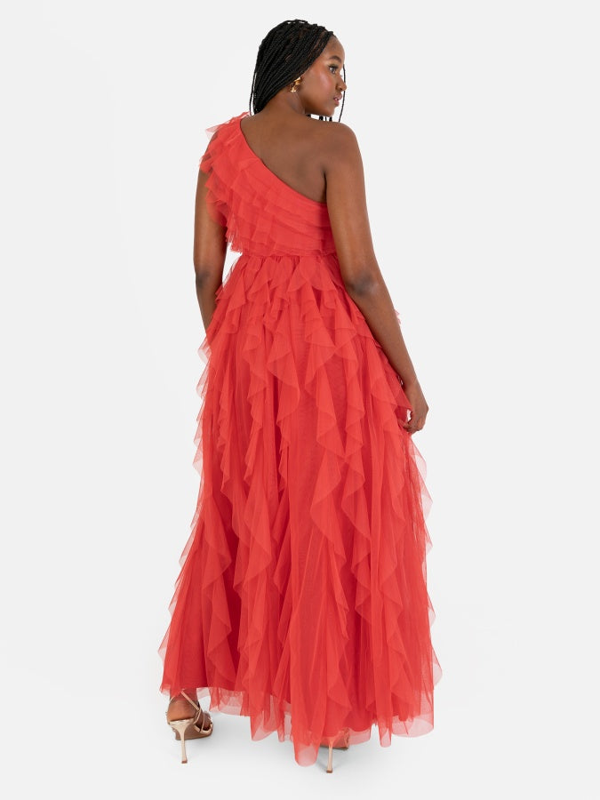 Anaya With Love Recycled Red Waterfall One Shoulder Maxi Dress