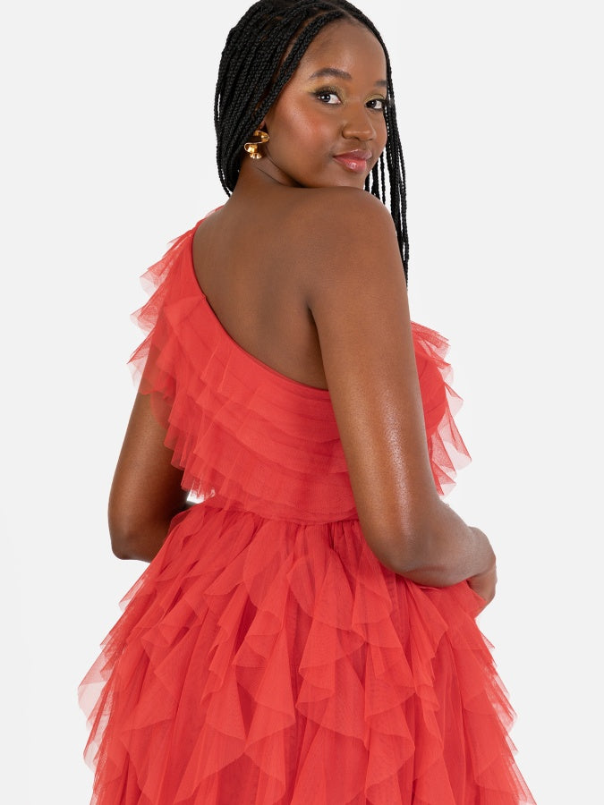 Anaya With Love Recycled Red Waterfall One Shoulder Maxi Dress