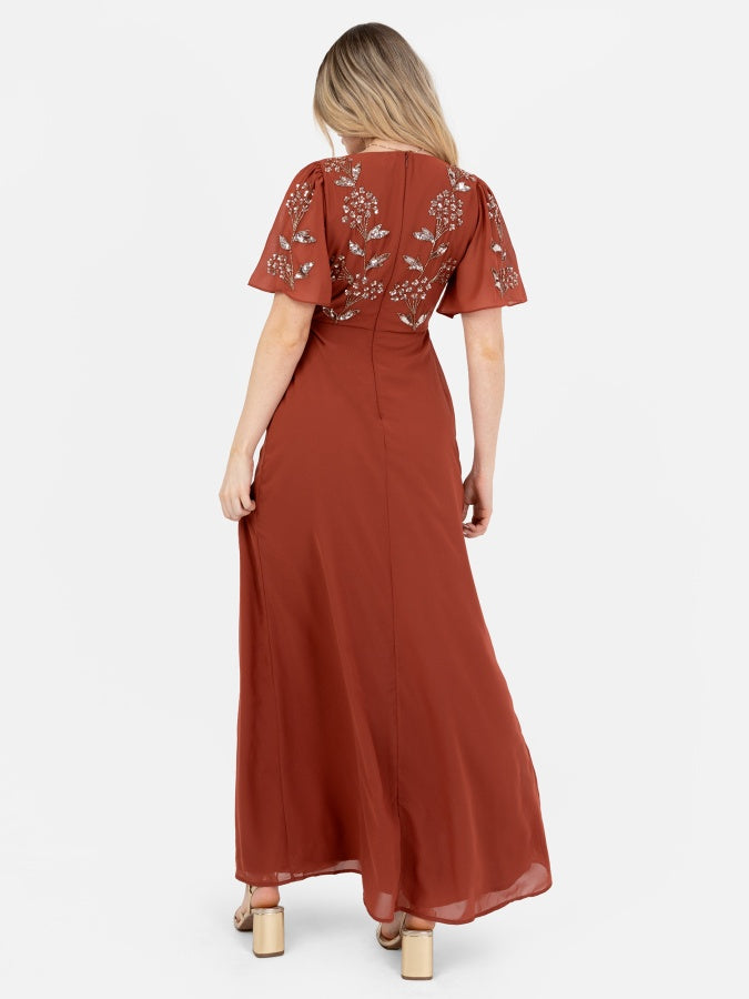 Maya Embellished Short Angel Sleeve V Neck Maxi Dress