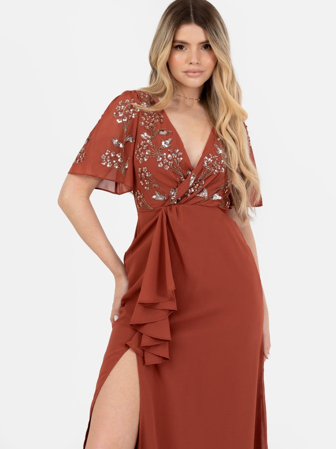Maya Embellished Short Angel Sleeve V Neck Maxi Dress
