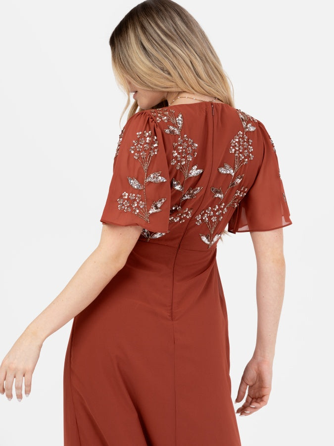 Maya Embellished Short Angel Sleeve V Neck Maxi Dress