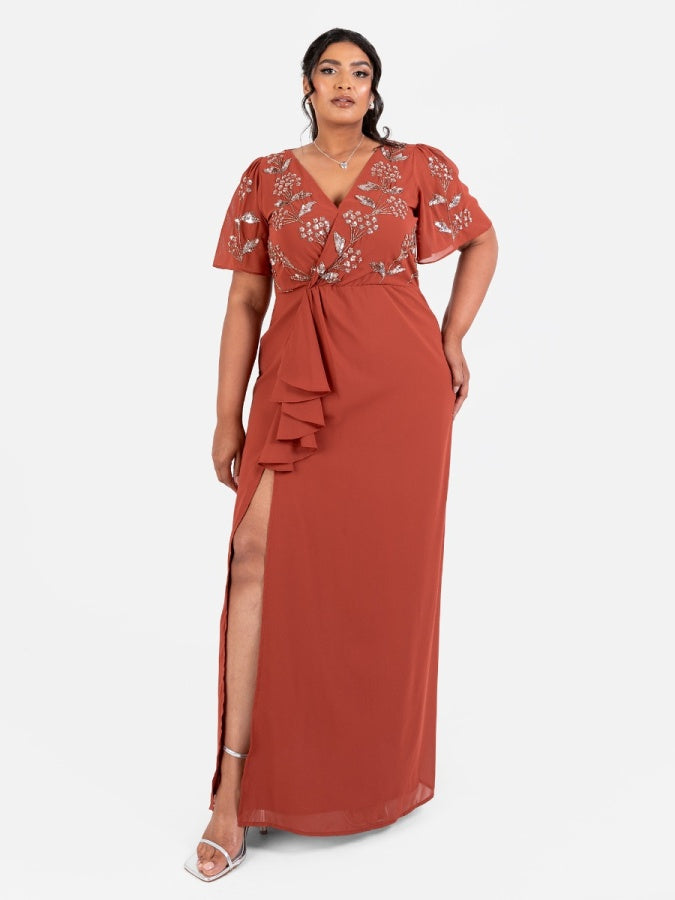Maya Embellished Short Angel Sleeve V Neck Maxi Dress