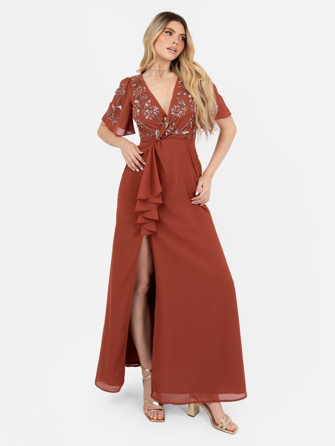 Maya Embellished Short Angel Sleeve V Neck Maxi Dress