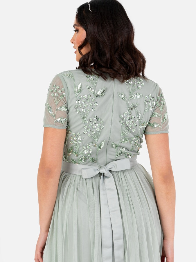 Maya Sage Green Floral Embellished Short Sleeve V Neck Maxi Dress with Sash Belt