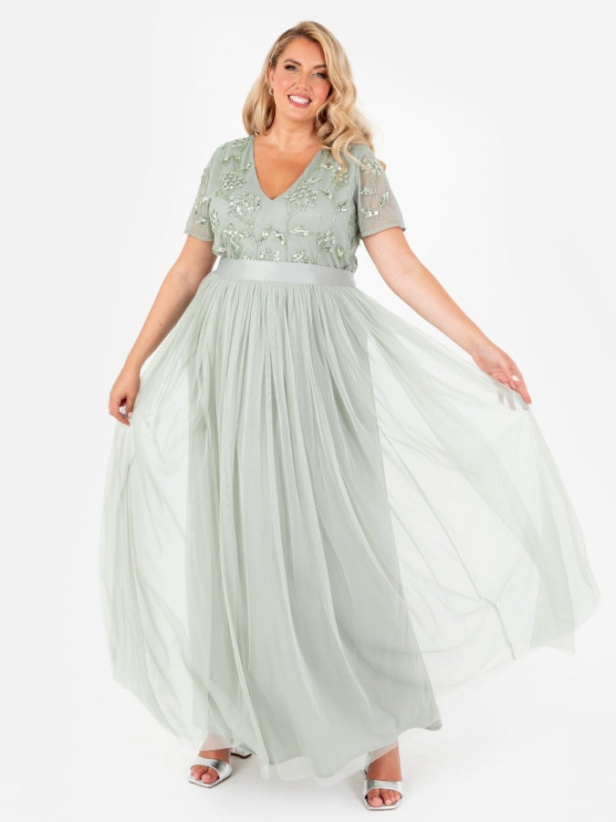 Maya Sage Green Floral Embellished Short Sleeve V Neck Maxi Dress with Sash Belt