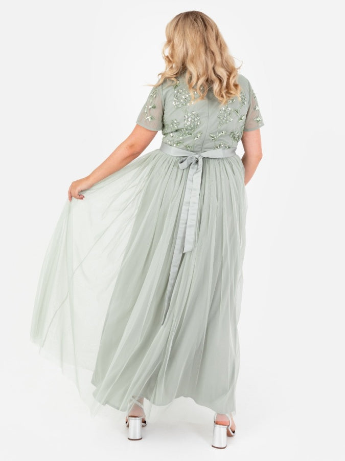 Maya Sage Green Floral Embellished Short Sleeve V Neck Maxi Dress with Sash Belt