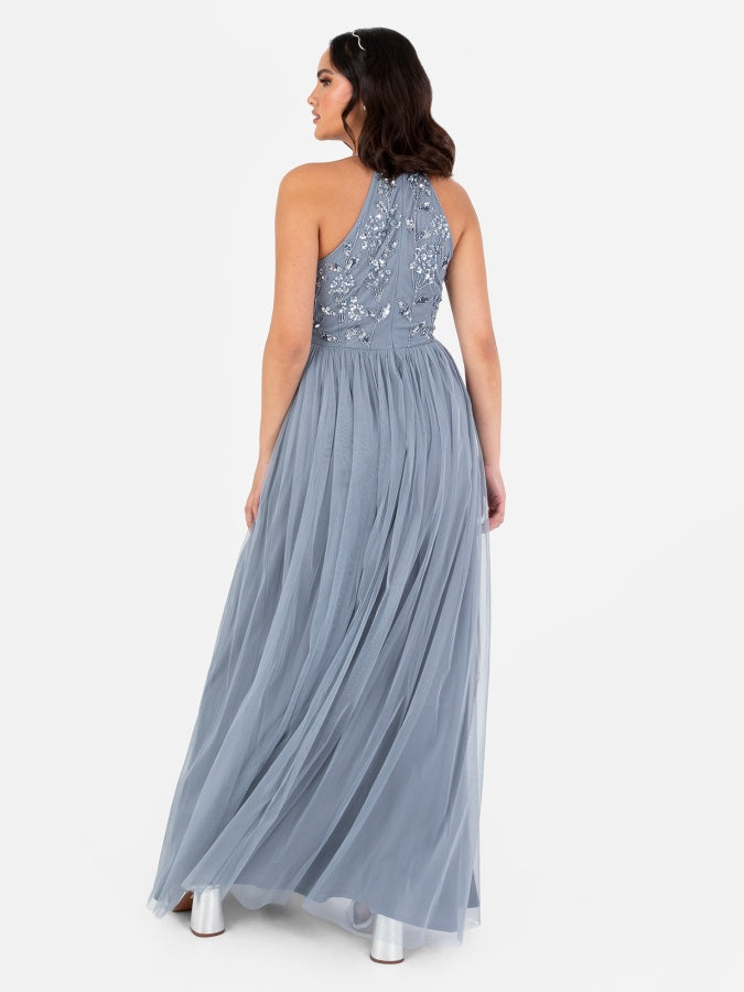 Maya Blue Floral Embellished Halter Neck Maxi Dress