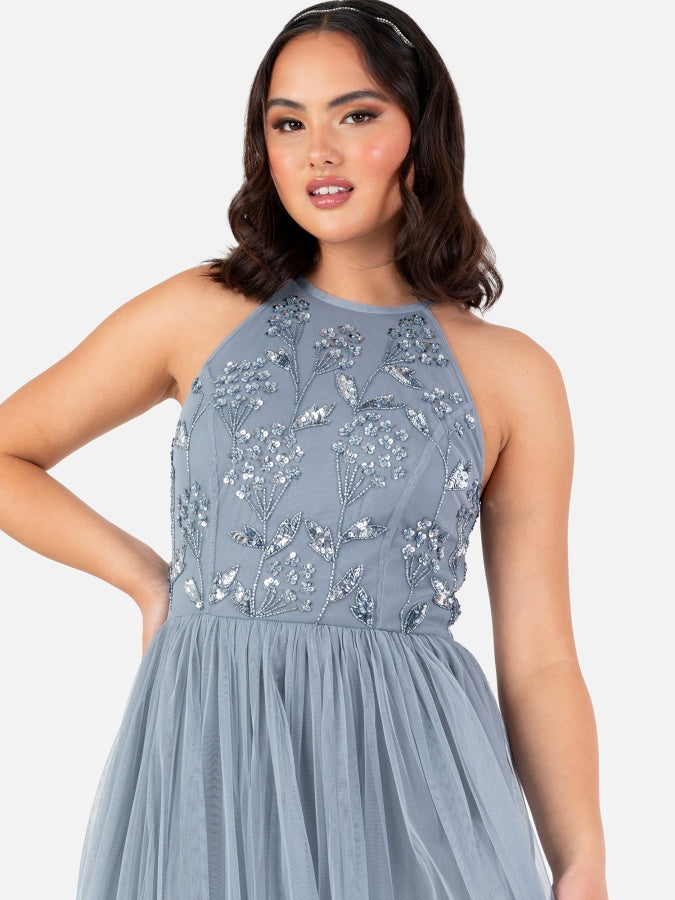 Maya Blue Floral Embellished Halter Neck Maxi Dress