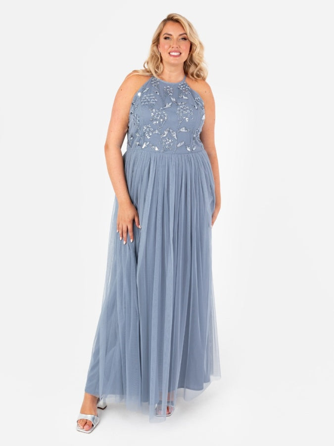 Maya Blue Floral Embellished Halter Neck Maxi Dress