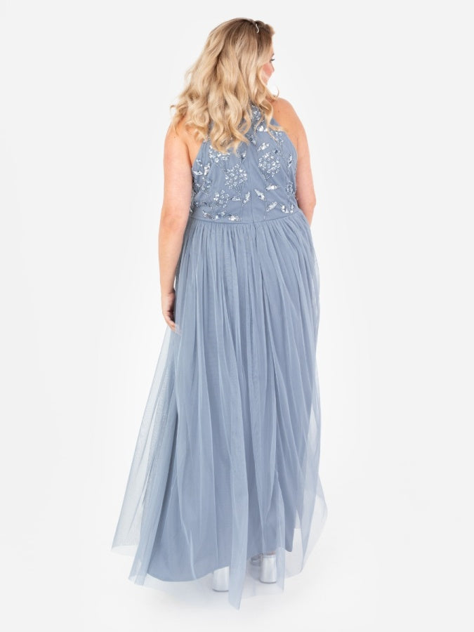 Maya Blue Floral Embellished Halter Neck Maxi Dress
