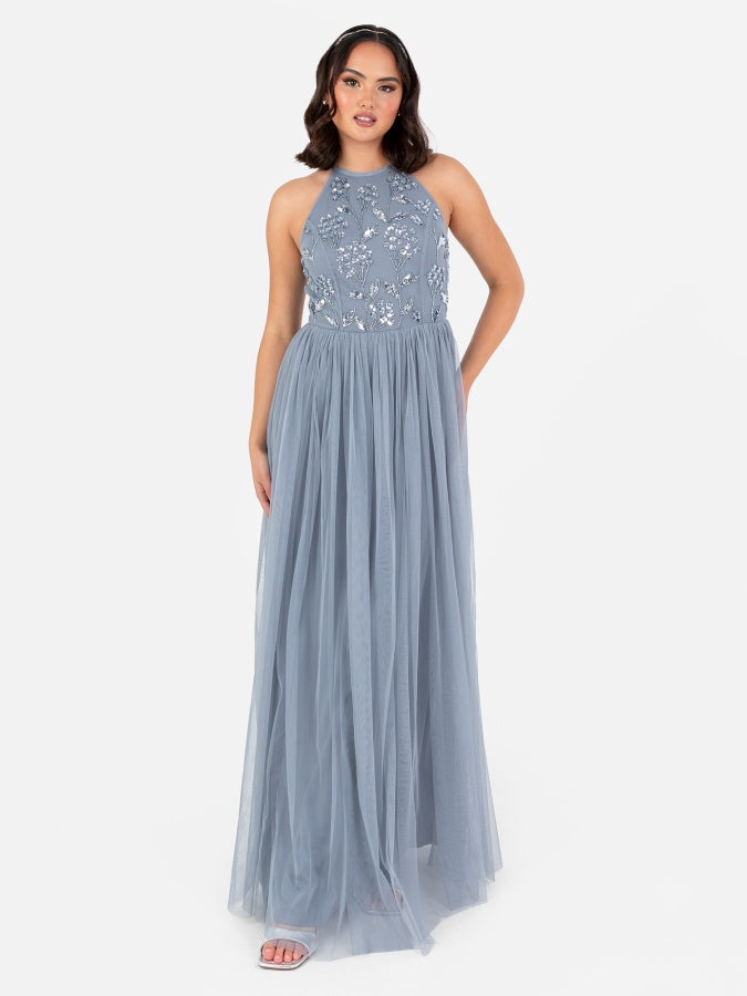 Maya Blue Floral Embellished Halter Neck Maxi Dress